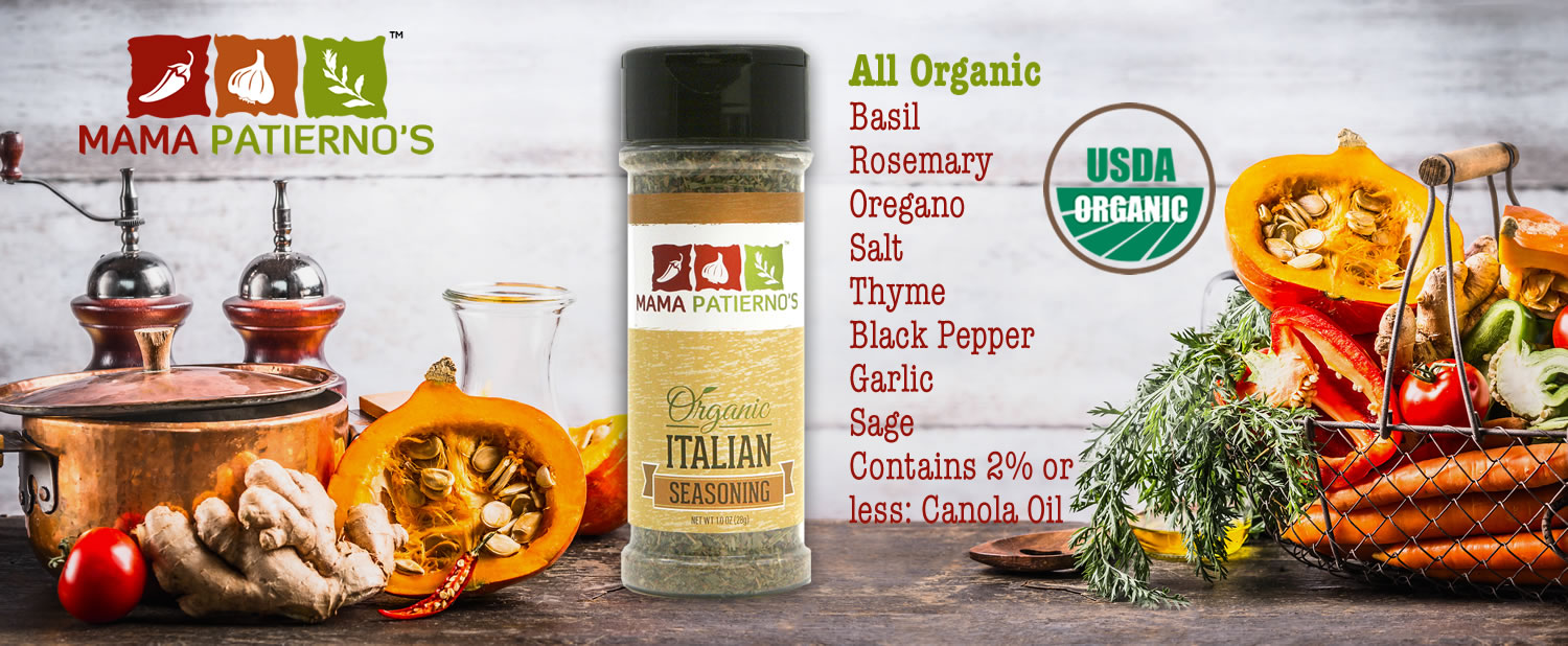 Mama Patierno's 100% Organic Italian Seasoning - Header image showing packaging and ingredients