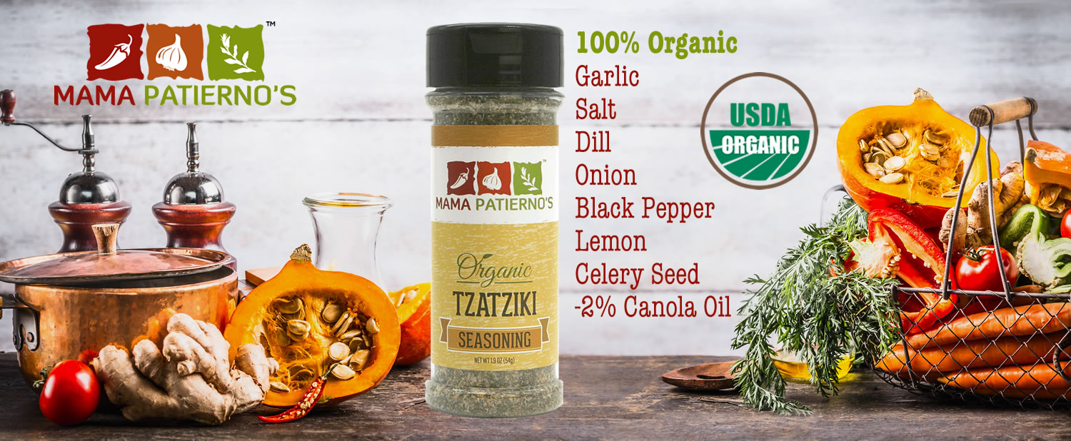 Mama Patierno's Tzatziki Seasoning Page Header showing ingredients