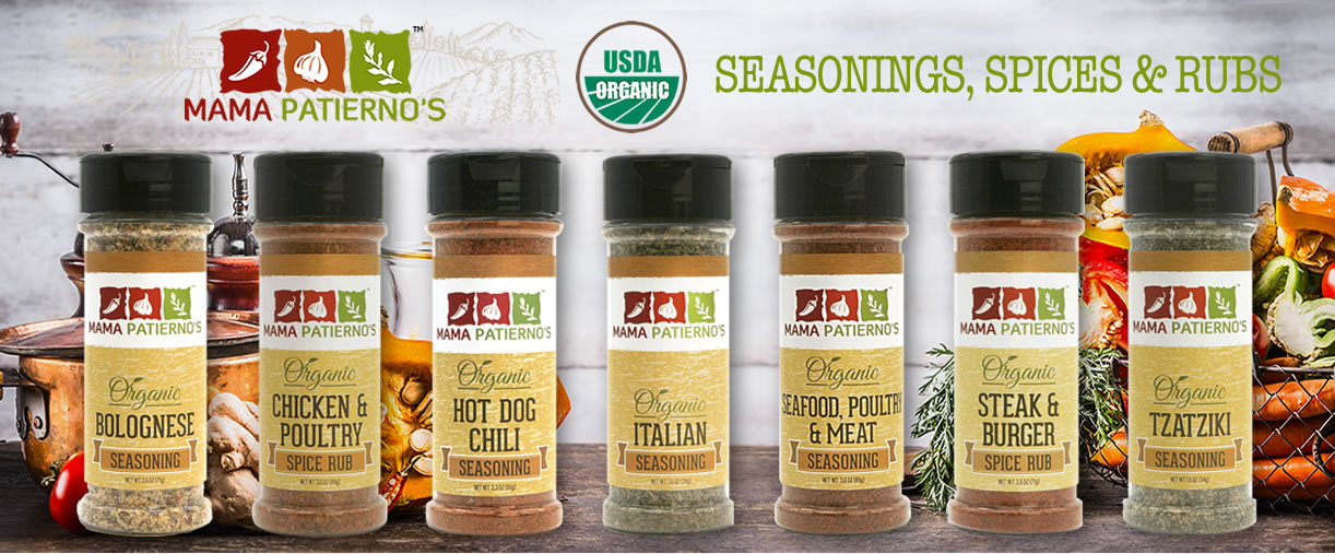 Mama Patierno's Commitment Page header image showing all of our current products including 100% Organic Seasoning, spices and rubs