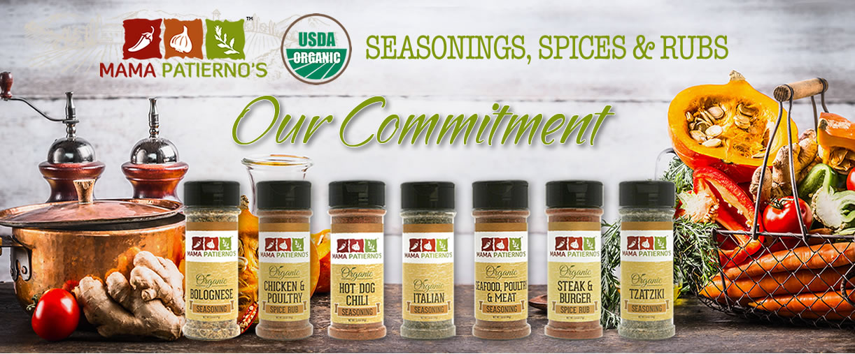 Mama Patierno's - "Our Commitment" Page header image showing all of our current products including 100% Organic Seasoning, spices and rubs
