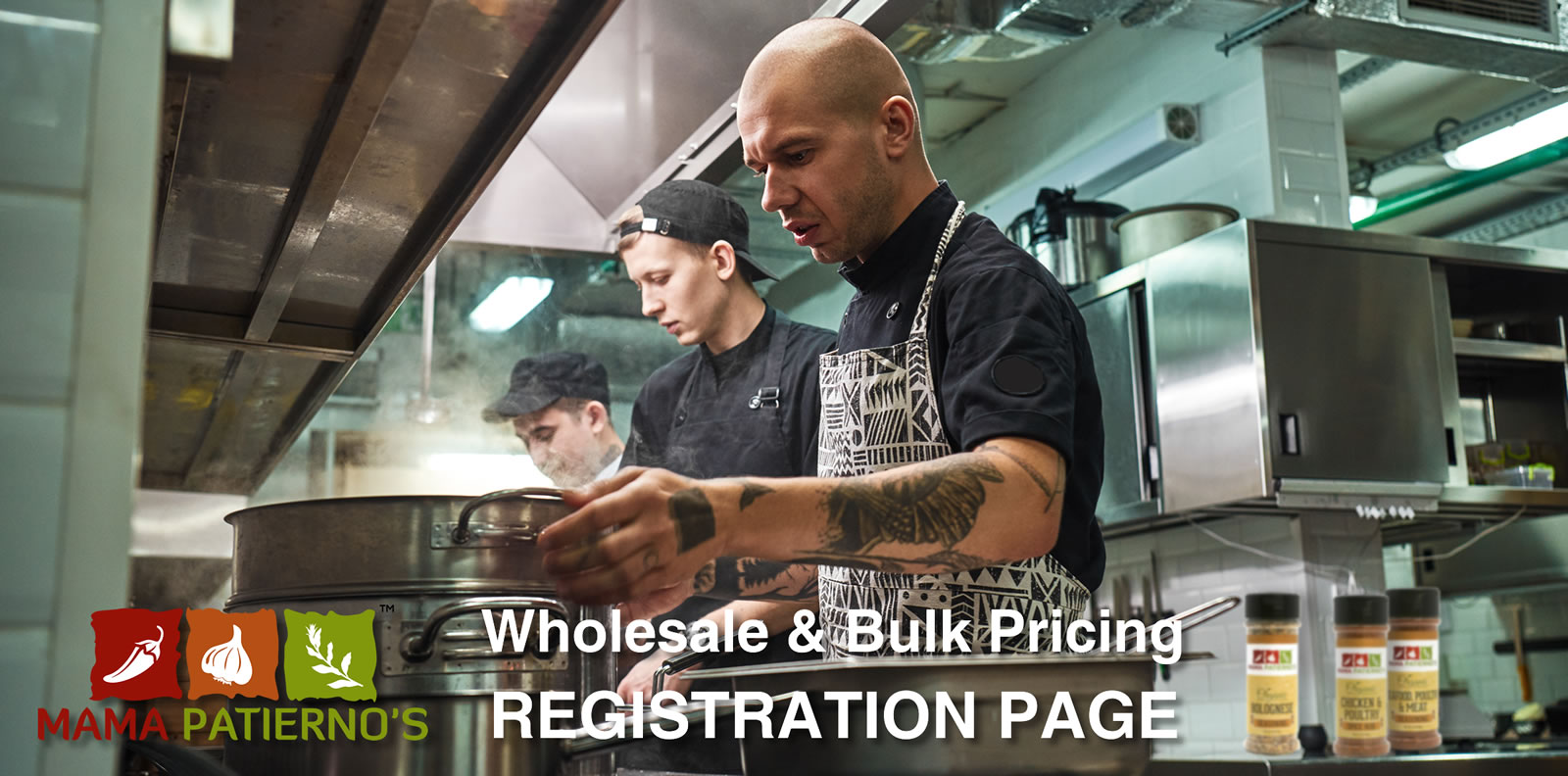 Mama Patierno's Wholesale and Bulk Pricing Registration page header.