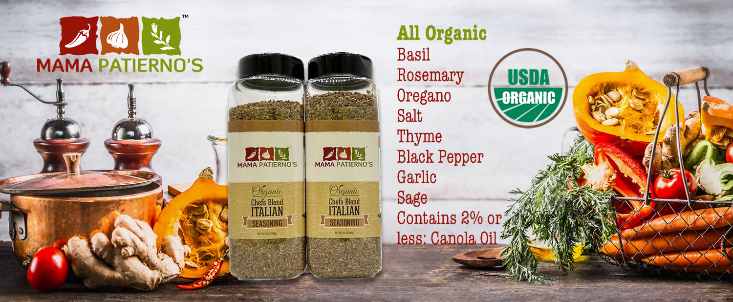 Mama Patierno's 100% Organic Italian Seasoning large size 2 pack - page image Header showing packaging and ingredients.