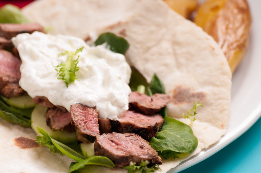 Tzatziki Sauce with Grilled lamb Souvlaki wrap